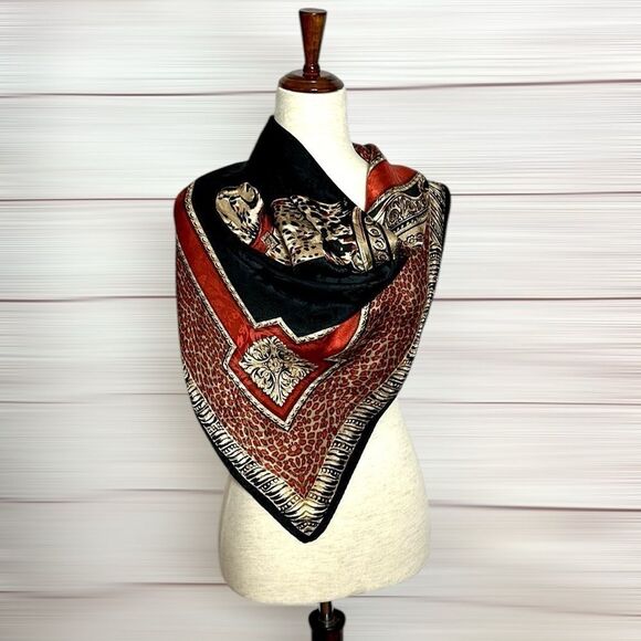 Ellen Tracy Linda Allard Silk Jacquard Cheetah Scarf Black Red Beige Vintage - Picture 7 of 12